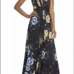 NWT Jill Stuart Women’s Navy Floral Plunging Formal Evening Gown Dress Size 14